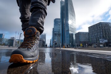 Someone walks in urban area with modern buildings on a cloudy day