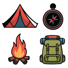 Vector art of a set of camping icons featuring a tent, compass, bonfire, and backpack, representing the spirit of outdoor exploration