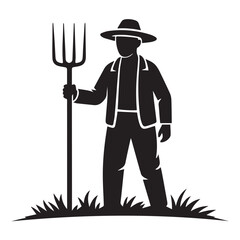 Vector art of a silhouette of a farmer holding a pitchfork standing in a field, isolated on white background