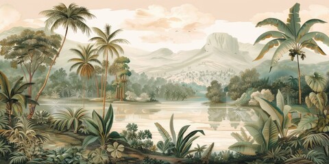 Wallpaper serene tropical landscape painting in pastel tones