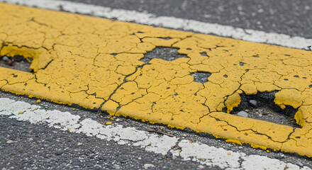 Close-up of cracked yellow road marking paint with white lines on asphalt surface