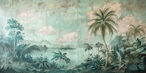 Wallpaper serene tropical landscape painting in pastel tones