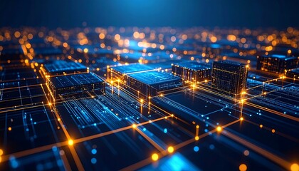 Abstract digital city, glowing interconnected blocks
