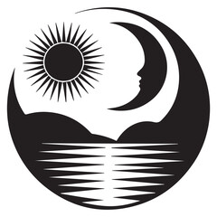 Vector art of a stylized landscape featuring the sun and moon over water, representing day and night, isolated on white background