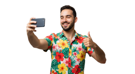 Smiling Traveler in Tropical Shirt: Summer Vacation Vibes, Isolated on Transparent Background (PNG).
