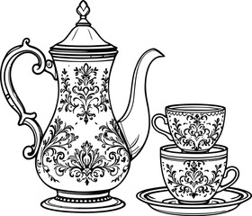 Black-and-White Vector Illustration of Ornate Tea Set – 4-Item Floral Tableware Silhouette