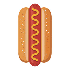Vector art of a vibrant hotdog with mustard on a sesame seed bun, isolated on white background