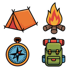 Vector art of a vibrant illustration showcases camping essentials a tent, bonfire, compass, and backpack, perfect for outdoor enthusiasts