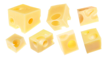 Cubes of fresh cheese on white background, collage