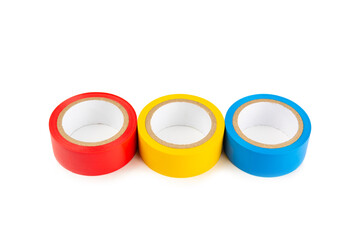 Insulating tape isolated on white background. Set of different colors insulating tape. Reel...