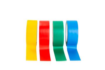 Insulating tape isolated on white background. Set of different colors insulating tape. Reel...