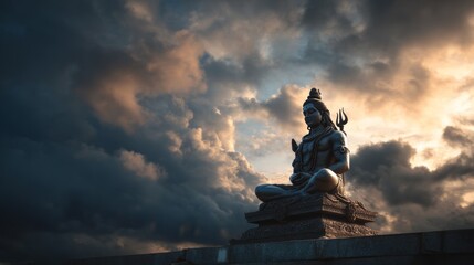 hindu god lord shiva statue in meditation posture with dramatic sky