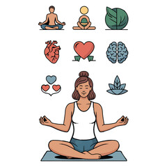 Vector art of a woman meditating surrounded by wellness icons including a heart, brain, and lotus flower on white background