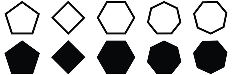 Set of geometric figures with rounded corners. Triangle, square or squircle, pentagon, hexagon and octagon shapes isolated on white background. Vector graphic illustration.