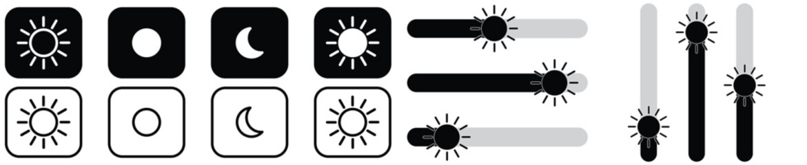 Day and night, dark and light modes. Screen modes icons set. Screen brightness and contrast level control icons. Day night switch. Vector Illustration.
