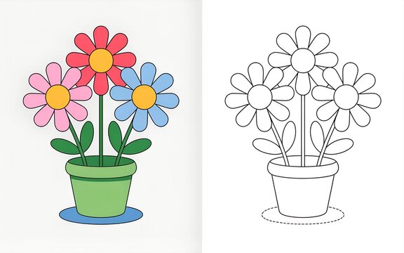 Colorful Flowers in a Pot – Line Art and Cartoon Illustration for Coloring Pages