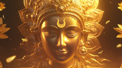 Golden Artistic Face of Lord murugan hindu god kartikeya statue