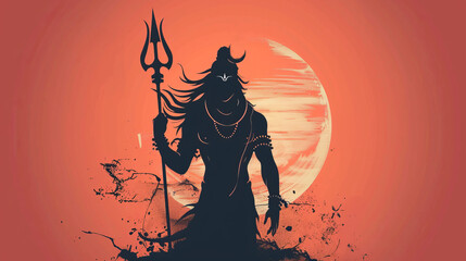 Silhouette of Lord Shiva Holding Trident at Sunset and Flat Icon Style