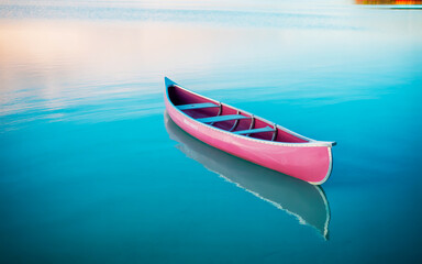 Fototapeta premium A solitary pink canoe rests peacefully on calm turquoise waters at dawn