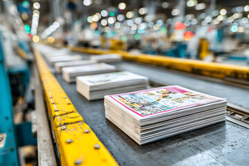 Stacks of printed materials on a conveyor belt, in a printing factory, ready for distribution.