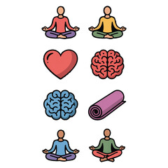 Vector art of meditating figures, a heart, brains, and a yoga mat are arranged on a white background