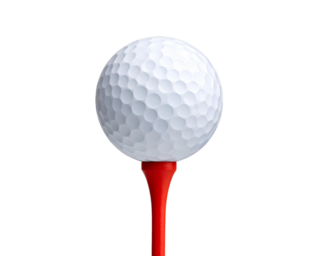 White Golf Ball on Red Tee in Upright Position, Transparent PNG with No Overlay.