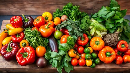 Colorful assortment of fresh vegetables arranged on a rustic wooden counter, bathed in natural sunlight with rich textures.