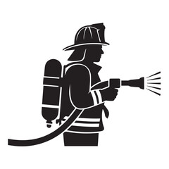 Vector art of silhouette of a firefighter spraying water with a hose, isolated on white background