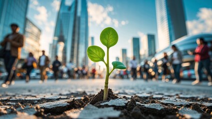A resilient plant sprouts from urban cracks, representing hope and growth in the city.