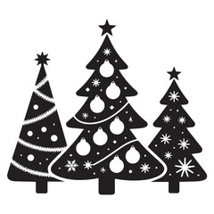 Vector art of three decorated christmas trees silhouette isolated on white background