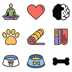 Vector art of yoga, heart, brain, paw print, mat, books, bowl, and bone icons on a white background