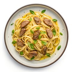 Delicious spaghetti pasta with meat and fresh basil on a ceramic plate, presented on a clean white backdrop, ideal for menu design.