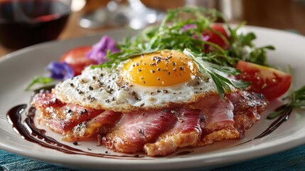 A beautifully presented breakfast dish highlights crispy bacon, a perfectly cooked sunny-side-up egg, and a bed of fresh greens with colorful tomatoes. Served in a warm, inviting atmosphere.