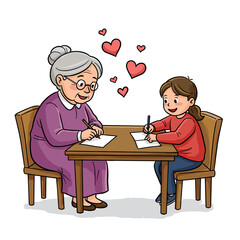 Grandma and girl drawing together at table with love hearts above  