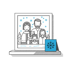 Family portrait illustration with snowflakes in winter surroundings  