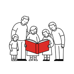 Family reading together from large book with red cover indoors  
