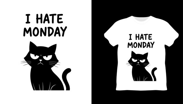 Grumpy Black Cat  I Hate Monday Slogan T-Shirt Design