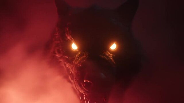 A fierce wolf with glowing eyes emerges from mystical red smoke at night.