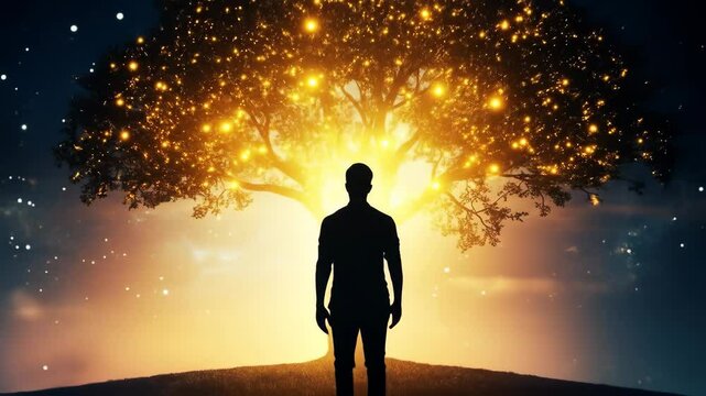 Man Silhouetted Before Glowing Tree - A lone male figure stands silhouetted against a large tree whose branches and leaves are illuminated with a warm, golden light, creating a magical and ethereal