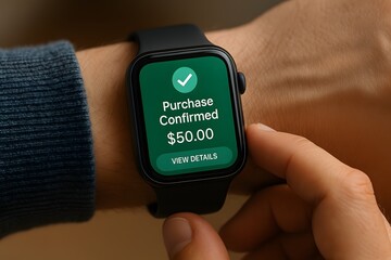 A smartwatch screen displaying a $50 purchase confirmed notification and view details button. Concept of wearable payment verification.