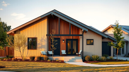 A contemporary single-family house with an angular roofline, shown from a slightly elevated side angle. The façade mixes light sand-colored walls, vertical cedar planks, and black metal framing. A spa