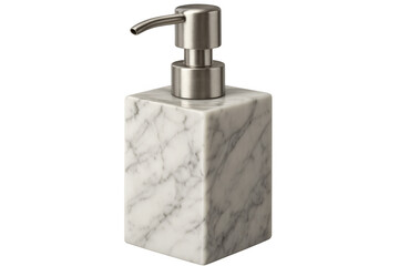 Fototapeta premium Polished marble soap dispenser with metallic pump, highlighting contemporary bathroom design against pristine white backdrop