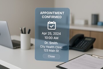 A translucent appointment confirmed card floats above a clinic reception desk. Concept of augmented patient scheduling assurance.