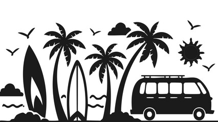 Tropical Beach and Surf Vector Set – Bold Black Silhouette Icons with Palm Trees, Waves, Surfboards, Van, and Flamingos


