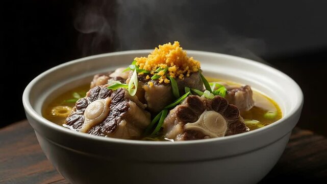 Hot Steaming Bowl of Savory Oxtail Soup with Garnish Closeup on Dark Wood Table