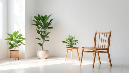 Bright Minimalist Room with Wooden Chair and Plant, Modern living room interior, Minimalist interior with tree and armchair, created with generative ai