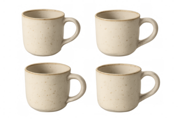 Cream-colored ceramic mugs with speckled finish, positioned in grid layout against transparent backdrop, showcasing kitchen essentials