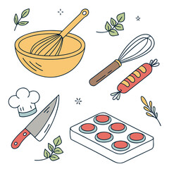 Illustration of baking tools including a bowl, whisk, knife, chef hat, muffin tin and sausage roll item