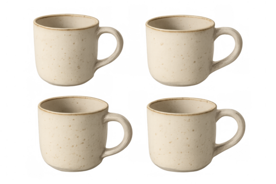Cream-colored ceramic mugs with speckled finish, positioned in grid layout against transparent backdrop, showcasing kitchen essentials