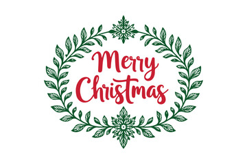 Elegant merry christmas wreath with red script text and green foliage